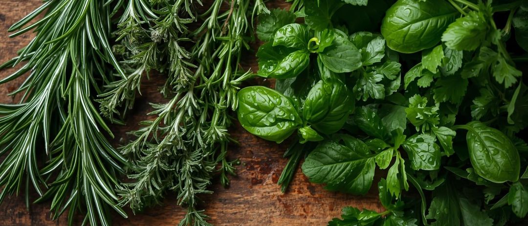 Eine Sammlung frischer Kräuter, darunter Rosmarin, Petersilie und Basilikum, auf einer Holzoberfläche mit Wassertropfen präsentiert.