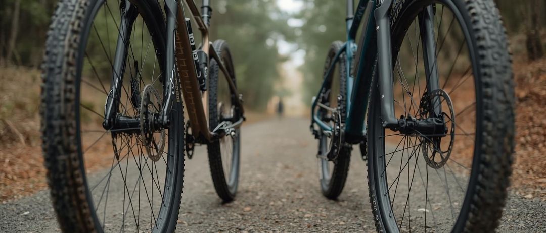 Zwei Fahrräder sind auf einem Kiesweg mit einem Wald im Hintergrund geparkt. Ein Fahrrad hat einen braunen Rahmen und das andere ist blau.