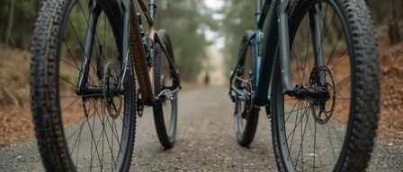 Zwei Fahrräder sind auf einem Kiesweg mit einem Wald im Hintergrund geparkt. Ein Fahrrad hat einen braunen Rahmen und das andere ist blau.