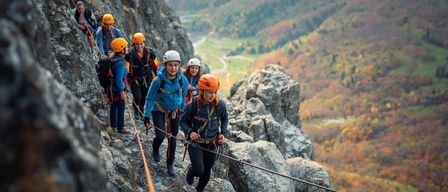 Eine Gruppe von Kletterern erklimmt einen felsigen Berg. Sie sind mit Helmen und Rucksäcken ausgestattet. Sie halten sich an Seilen fest.