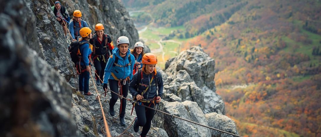Eine Gruppe von Kletterern erklimmt einen felsigen Berg. Sie sind mit Helmen und Rucksäcken ausgestattet. Sie halten sich an Seilen fest.