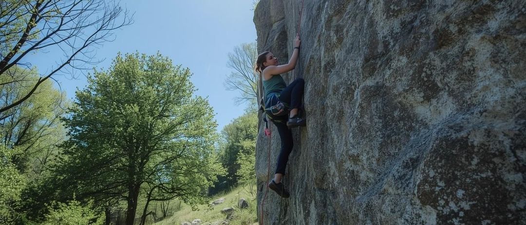 Eine Frau klettert bei hellem Sonnenlicht an einer steilen Felswand hoch, umgeben von grünen Bäumen und Gras.