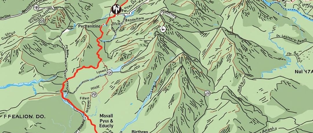 Eine Wanderkarte zeigt Wege zu Bergen mit Namen wie Neclainol Y und Kart Kowey. Die Karte enthält verschiedenfarbige Pfade, grün für Wanderwege und rot für Profurt-Linien. Wassermerkmale und Gipfel sind beschriftet.