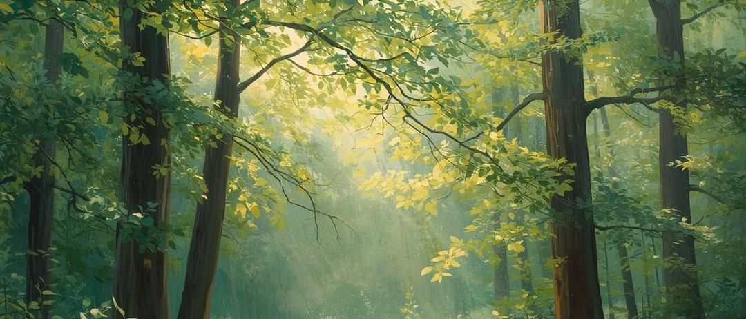Ein Gemälde zeigt einen dichten Wald, durch den das Sonnenlicht die Blätter durchscheint und den Boden beleuchtet, was eine friedliche Atmosphäre schafft. Hohe Bäume umgeben einen kleinen Pfad, mit üppigem Grün und verstreuten Pflanzen.