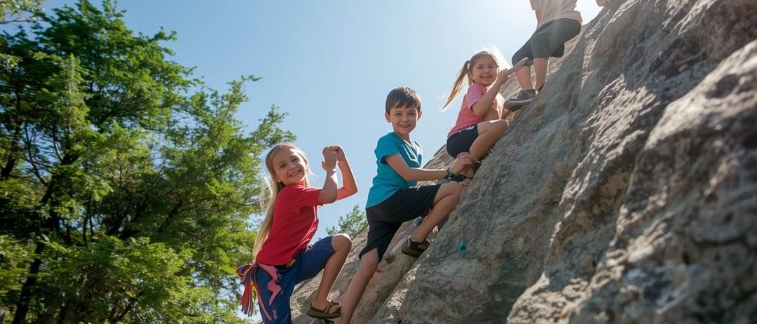 Fünf Kinder klettern an einem felsigen Hang unter einem strahlenden Himmel, wobei ein Kind oben steht und nach unten schaut. Im Hintergrund sind Bäume und Gras zu sehen.