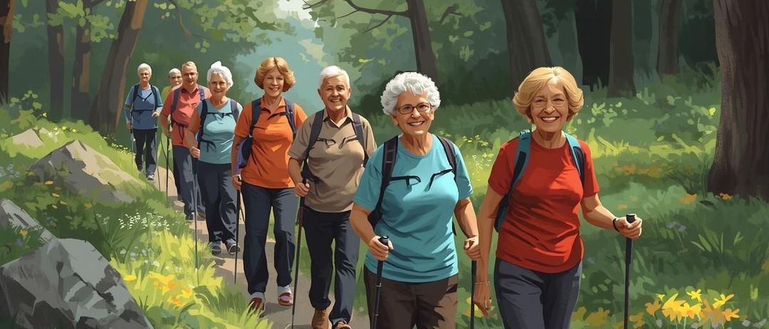 Eine Gruppe älterer Frauen wandert durch einen Wald, jede mit einem Rucksack und Trekkingstöcken. Sie tragen Brillen und Sneakers, lächeln und genießen die Landschaft.