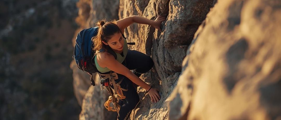 Eine Frau klettert mit einem blauen Rucksack und einem Gurtzeug an einer felsigen Klippe. Sie greift mit der rechten Hand an den Felsen.