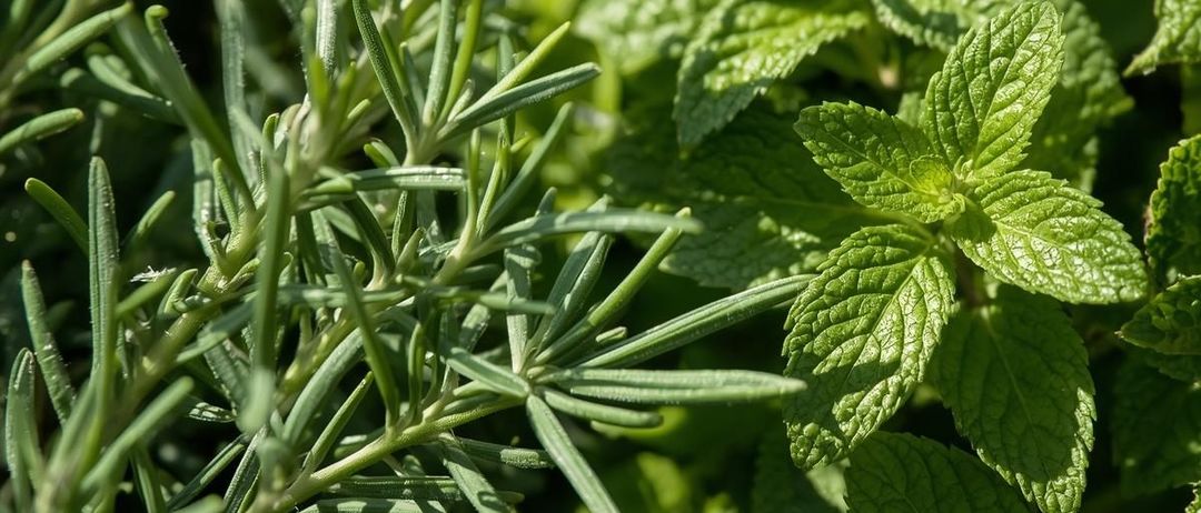 Ein Nahaufnahme verschiedener Kräuter, einschließlich Rosmarin und Minze, mit leuchtend grünen Blättern. Die Rosmarinstängel sind schlank und strukturiert, während die Minzblätter breit und glänzend sind.