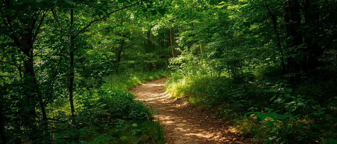 Ein schmaler Pfad schlängelt sich durch einen üppigen, grünen Wald, durch den das Sonnenlicht durch die Bäume filtert.