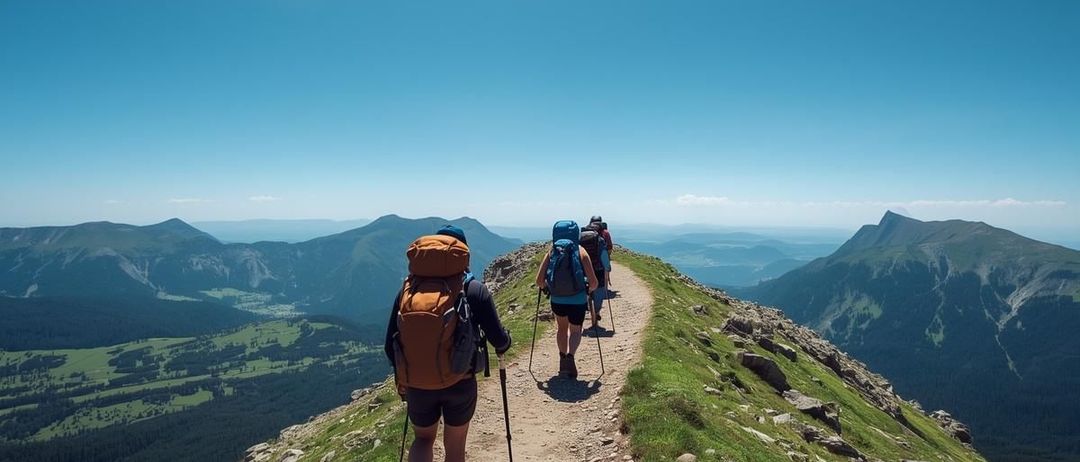 Wanderer mit Rucksäcken erklimmen einen steilen Bergpfad mit Blick auf das Tal und die Sonne am Himmel.