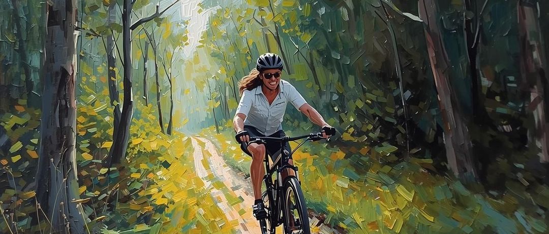 Eine Frau fährt mit Helm und Sonnenbrille auf einem Waldweg mit dem Fahrrad. Sie ist von hohen Bäumen und grünen Blättern umgeben.