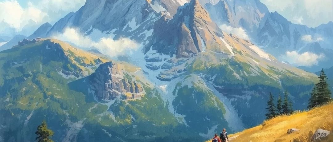 Ein Gemälde von drei Wanderern, die einen Bergpfad beschreiten, mit einem verschneiten Gipfel in der Ferne. Der Himmel ist blau mit Wolken.