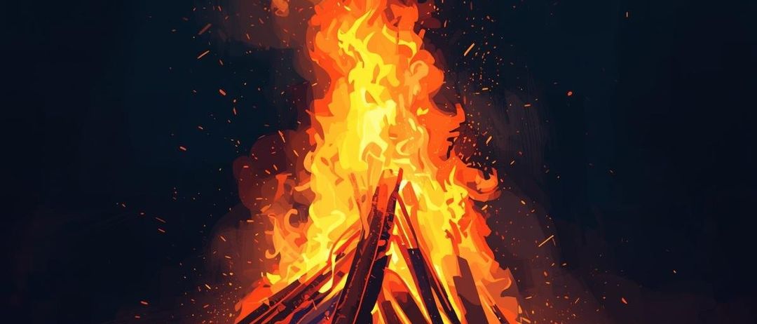 Ein leuchtendes Lagerfeuer brennt in der Nacht und sendet Funken nach oben. Das Feuer ist von Holzscheiten umgeben.