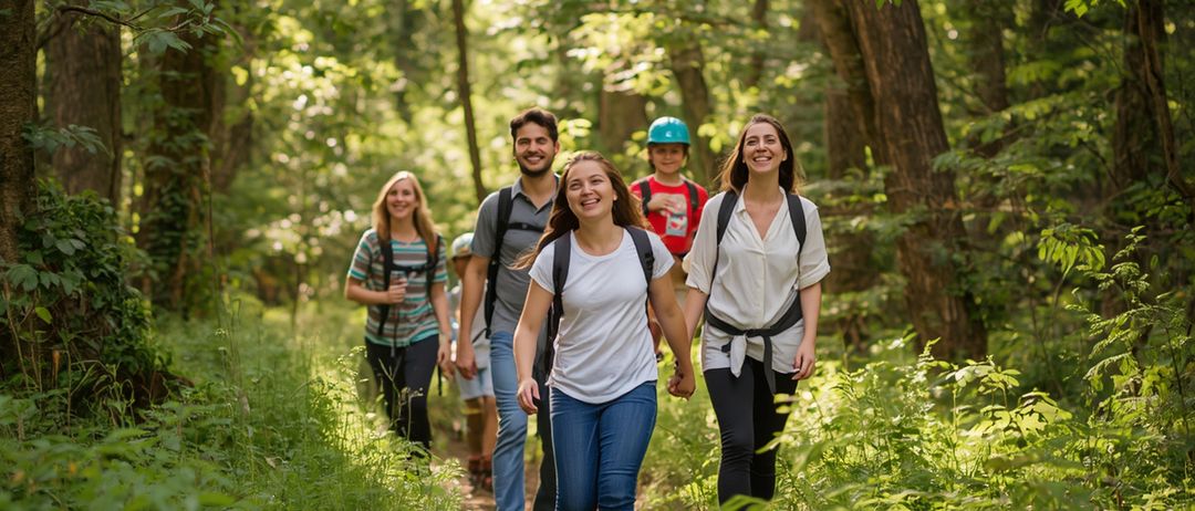 Eine Gruppe von Freunden und Familie wandert im Wald. Sie lächeln und halten Händchen. Die Frau in der Mitte trägt ein weißes Shirt und blaue Jeans.