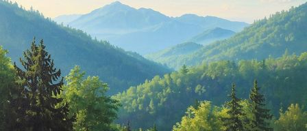 Ein Landschaftsgemälde zeigt üppige grüne Berge und Täler mit klarem blauem Himmel und entfernten Wolken.
