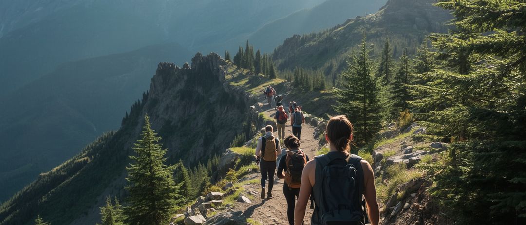 Eine Gruppe von Wanderern geht einen Bergpfad hinauf, mit schneebedeckten Gipfeln in der Ferne. Sie tragen Rucksäcke und navigieren einen felsigen Weg.