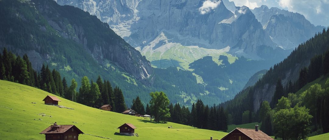 Ein wunderschönes Alpental mit klarem blauem Himmel. Die grüne Wiese hat mehrere kleine Holzhäuser. Im Hintergrund erheben sich Berggipfel.
