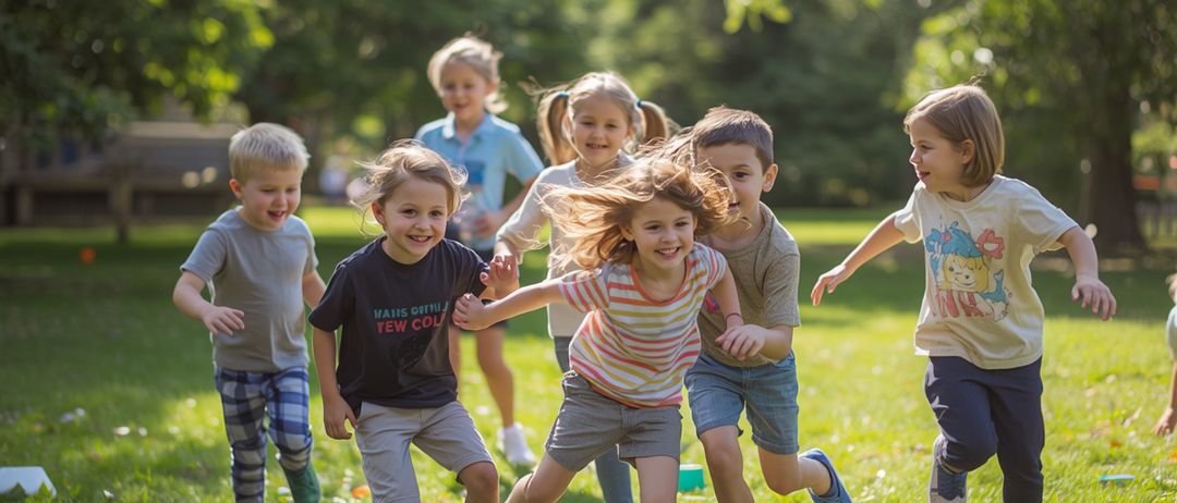 Eine Gruppe von Kindern läuft auf einem Grasfeld. Sie lächeln und scheinen zu spielen. Einige Spielzeuge liegen auf dem Boden. Bäume umgeben das Gebiet.