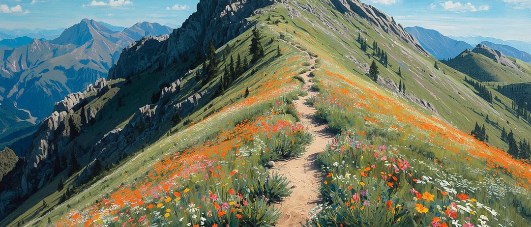 Ein Ölgemälde zeigt eine farbenfrohe Wiese voller Wildblumen auf einem Berghang. Der Weg ist von bunten Blüten umgeben, unter einem klaren blauen Himmel mit flauschigen Wolken. Im Hintergrund erheben sich felsige Klippen.