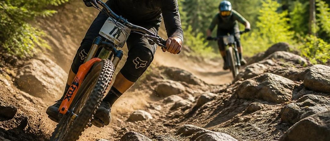 Zwei Mountainbiker navigieren einen felsigen Pfad im Wald, einer führt mit der Nummer 14 auf seinem Trikot.