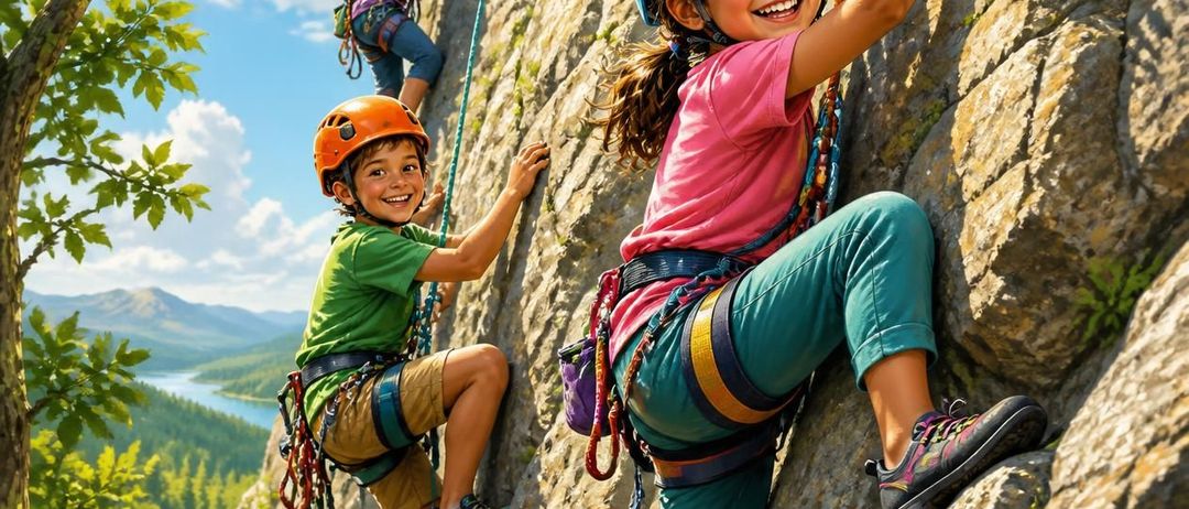 Drei Kinder klettern an einer Felswand und tragen Helme und Gurte. Das Mädchen in Pink lächelt, während der Junge in Grün nach unten schaut. Ein Holzschild sagt 'Klettern Erkunden Träumen groß!'.