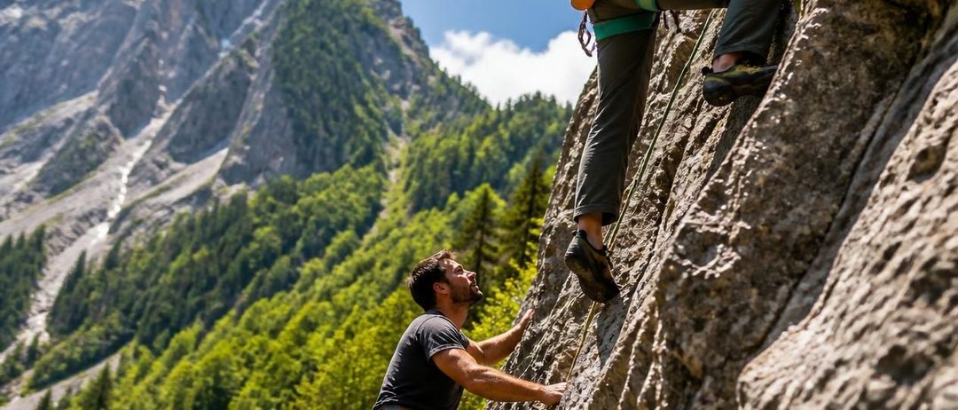Zwei Kletterer, ein Mann und eine Frau, erklimmen an einem sonnigen Tag eine steile Felswand. Der Mann schaut nach oben, während die Frau sich auf ihren Aufstieg konzentriert. Beide sind mit Kletterausrüstung ausgestattet. Im Hintergrund befindet sich eine bergige Landschaft mit üppigem Grün und einem klaren blauen Himmel.