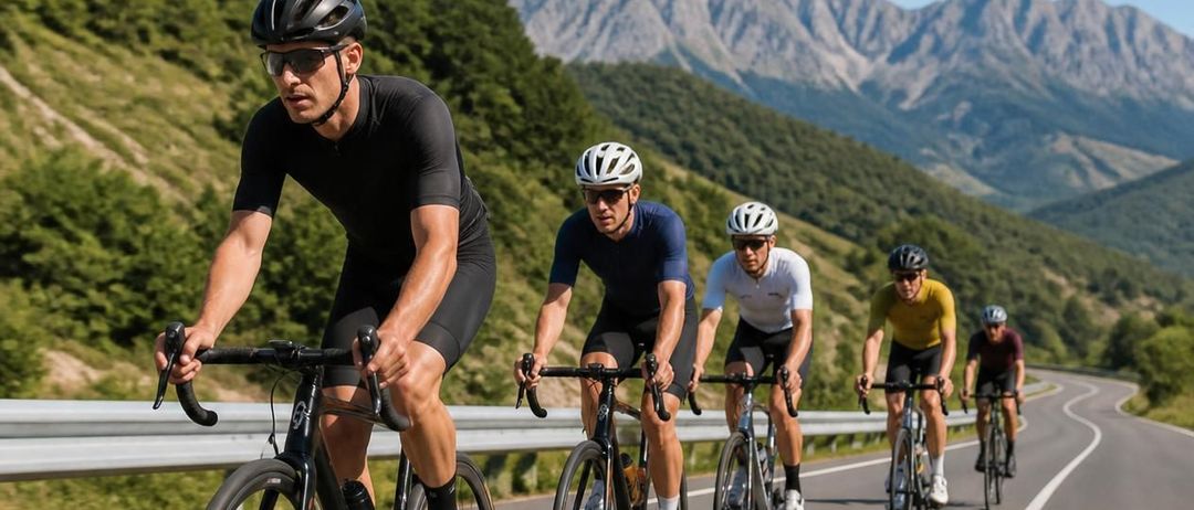 Fünf Radfahrer mit Helmen fahren auf einer Straße mit einem Bergrücken im Hintergrund. Der führende Radfahrer trägt ein schwarzes Outfit und eine Sonnenbrille.