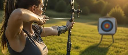 Eine Frau übt Bogenschießen auf einer Wiese mit einer Zielscheibe im Hintergrund.