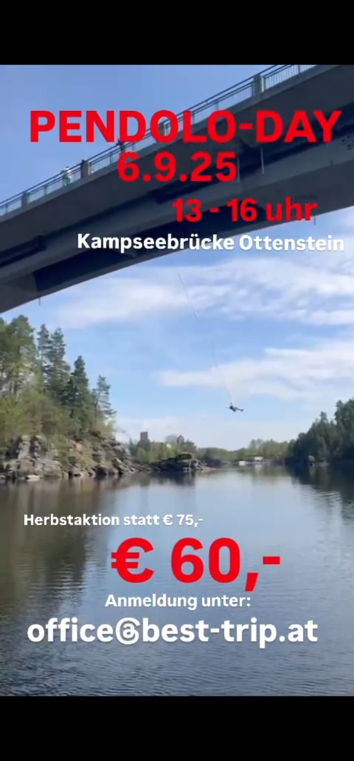 Ein Bild einer Brücke mit einem Flugzeug, das darüber fliegt. Der Text lautet '13-16 Uhr Kampseebrucke Ottenstein' und 'Herbstaktion statt € 75, € 60-'. Das Flugzeug scheint auf die Brücke zuzufliegen. Links neben der Brücke befinden sich Bäume und Felsen.