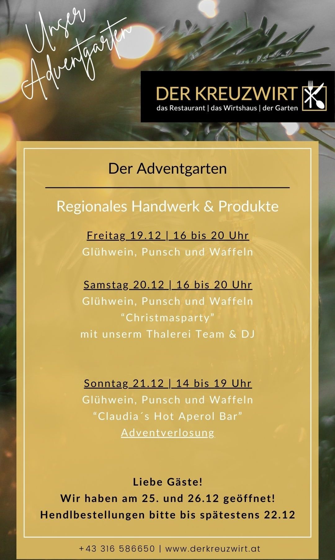 Ein Plakat für die Veranstaltung Der Adventgarten. Es zeigt einen Zeitplan für drei Tage: Freitag, Samstag und Sonntag. An jedem Tag gibt es Glühwein, Punsch und Waffeln. Die Samstagsveranstaltung beinhaltet eine Weihnachtsparty mit dem Thalerei-Team und DJ.