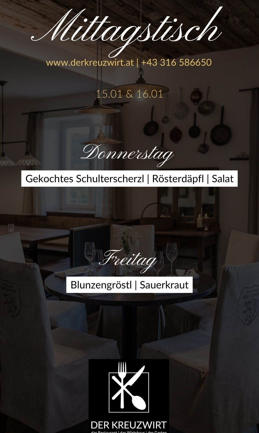 Ein Restaurantmenü zeigt Gerichte für Donnerstag und Freitag. Donnerstag bietet gekochtes Schulterstück, geröstete Kartoffeln und Salat. Freitag bietet Blauschimmelkäse und Sauerkraut.