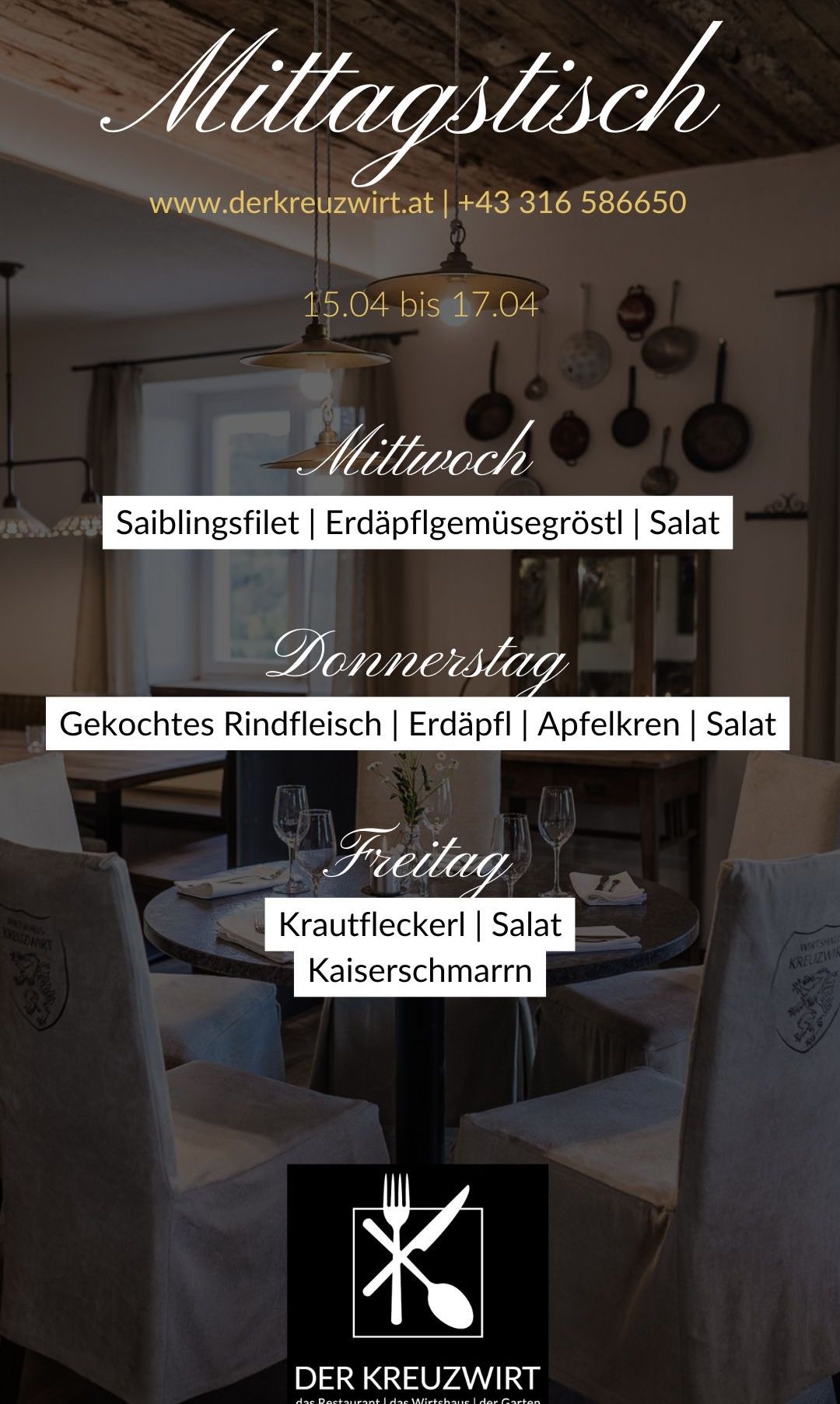 Die Speisekarte eines Restaurants ist für Mittwoch, Donnerstag und Freitag angezeigt. Die Tage werden durch Bilder von Pfannen angezeigt. Die Speisekarte jedes Tages bietet verschiedene Gerichte wie Salat und Obstsalat.