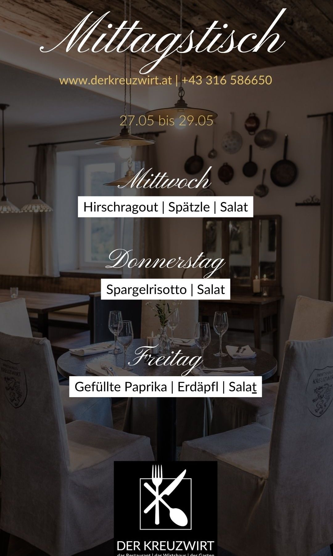 Ein Restaurantmenü zeigt Gerichte für Mittwoch, Donnerstag und Freitag, einschließlich Hirschragout, Spargelrisotto und Gefüllte Paprika.