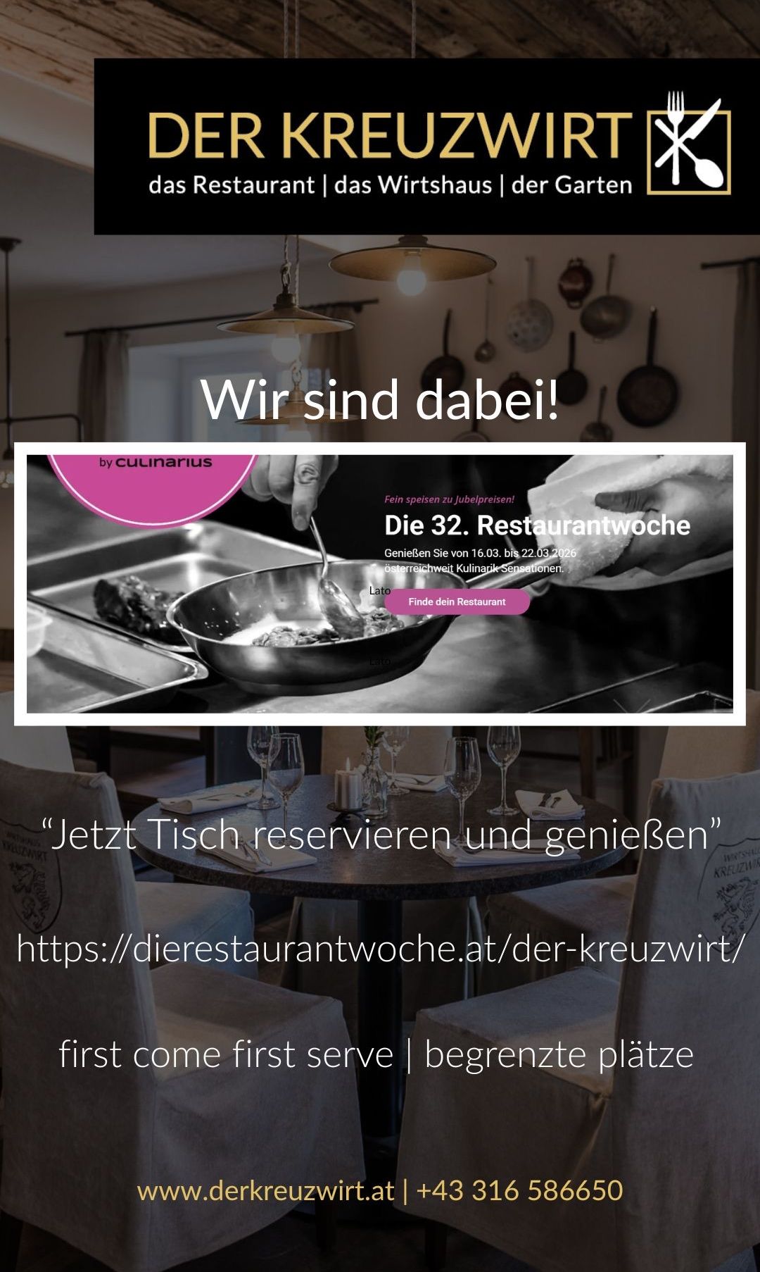 Ein Poster bewirbt die 32. Restaurantwoche. Ein Koch hält eine Pfanne mit einem Gericht, und ein Tisch mit Weingläsern und einem Reservierungsaufruf ist sichtbar.
