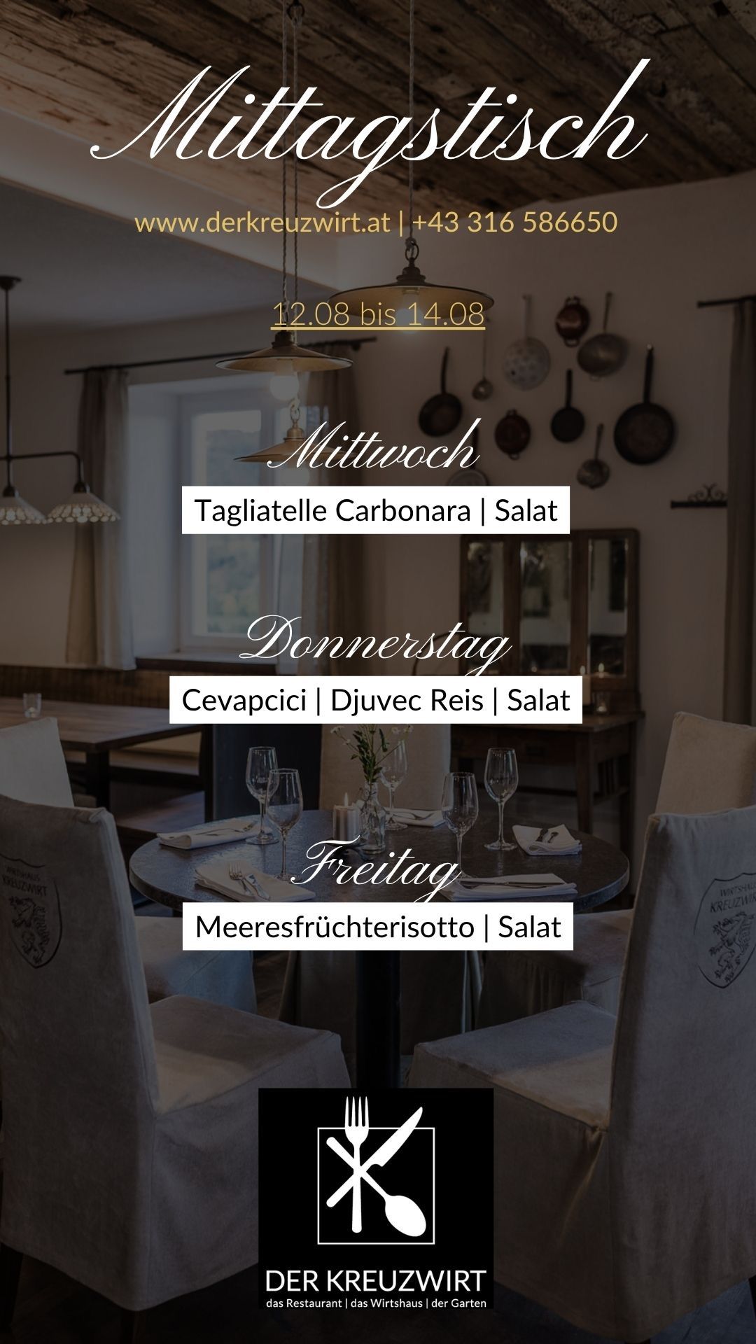A restaurant menu displayed on a wall with a dining table set for guests. The menu includes dishes for Monday, Wednesday, and Friday, with wine glasses, plates, and utensils on the table.