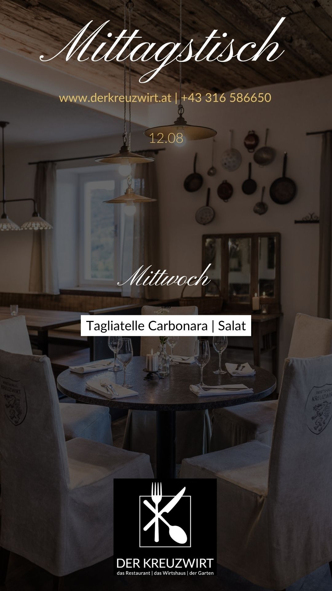 A restaurant interior with a round table set for two. The table has wine glasses, plates, and utensils. A menu board displays 'Tagliatelle Carbonara | Salat'. The room has wooden furniture, a window, and a wall adorned with hanging pans.