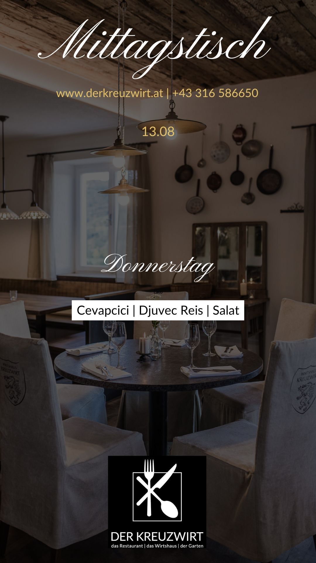 A restaurant interior with a table set for four, featuring wine glasses, silverware, and a candle. The room has a rustic decor with hanging pots and pans, a window, and a mirror. The text 'Donnerstag' and 'Cevapcici | Djuvce Reis | Salat' is displayed.