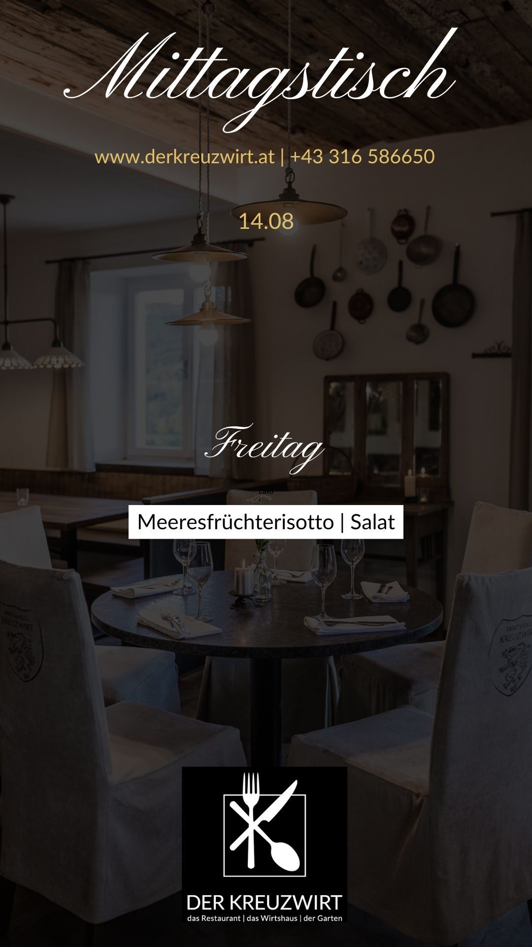 A cozy restaurant dining area with a round table set for two, featuring wine glasses, silverware, and a salad dish. The room has a warm, rustic ambiance with wooden furniture and decorative pans on the wall.