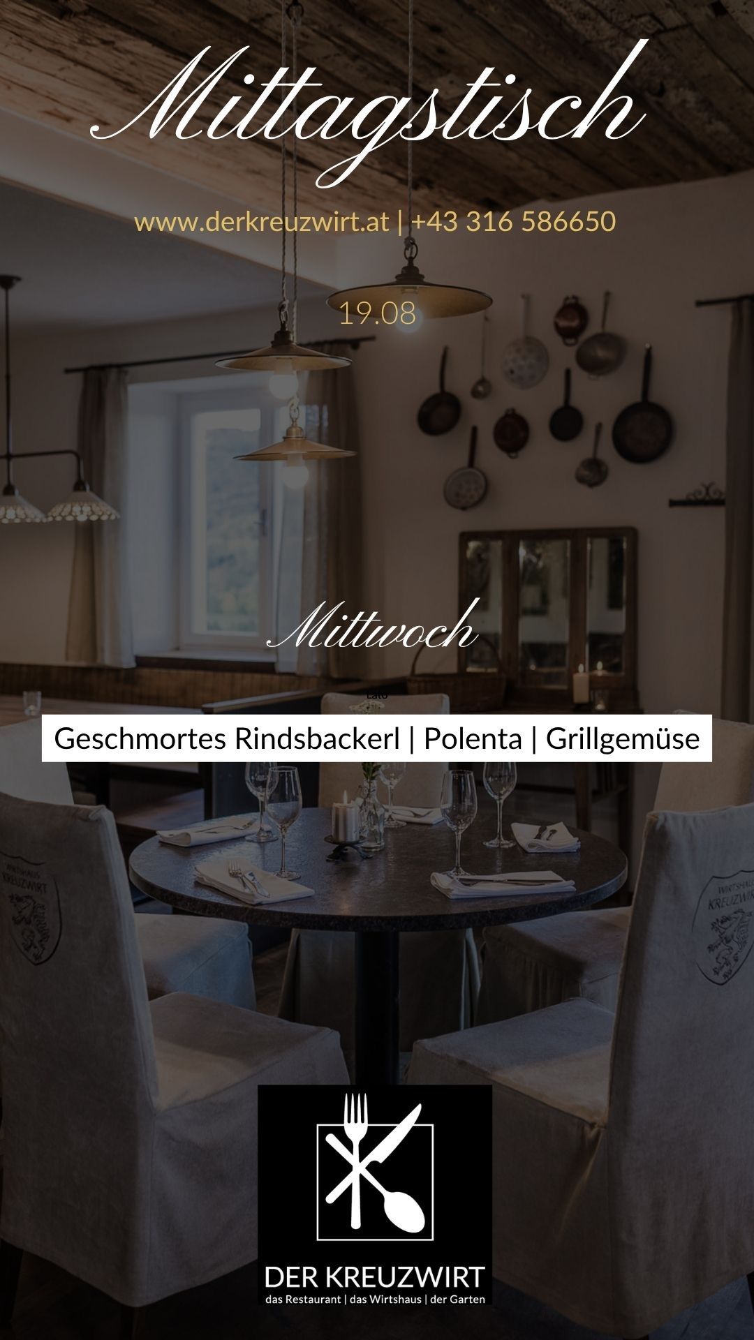 A restaurant dining area with a round table set for four, featuring a menu that includes smoked beef, polenta, and grilled vegetables. The table is adorned with wine glasses, utensils, and napkins. The room has a warm, rustic ambiance with hanging pots and pans on the wall.