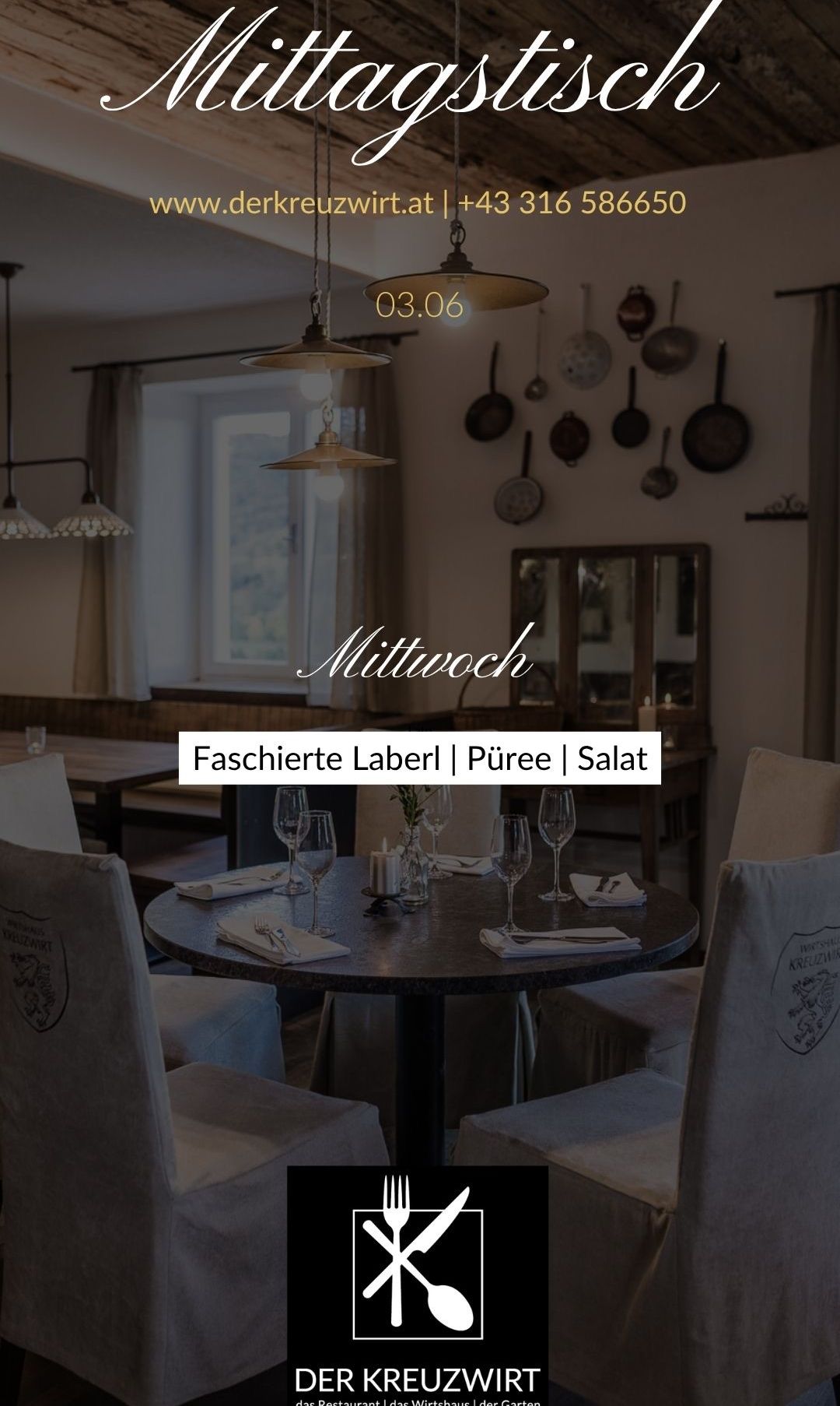 Ein Restaurant mit einem Tisch für eine Mahlzeit. Der Text 'Mittwoch' steht mit dem Tagesmenü. Der Tisch hat Weingläser, Teller und Besteck.