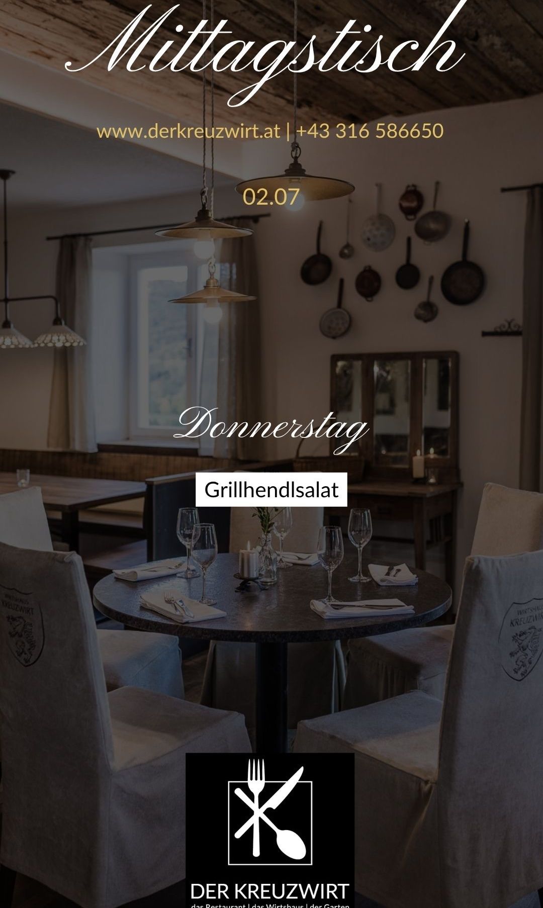 A cozy restaurant with a table set for a meal. The table has wine glasses, a candle, and a plate with utensils. A mirror and frying pans are on the wall. The date is 02.07.