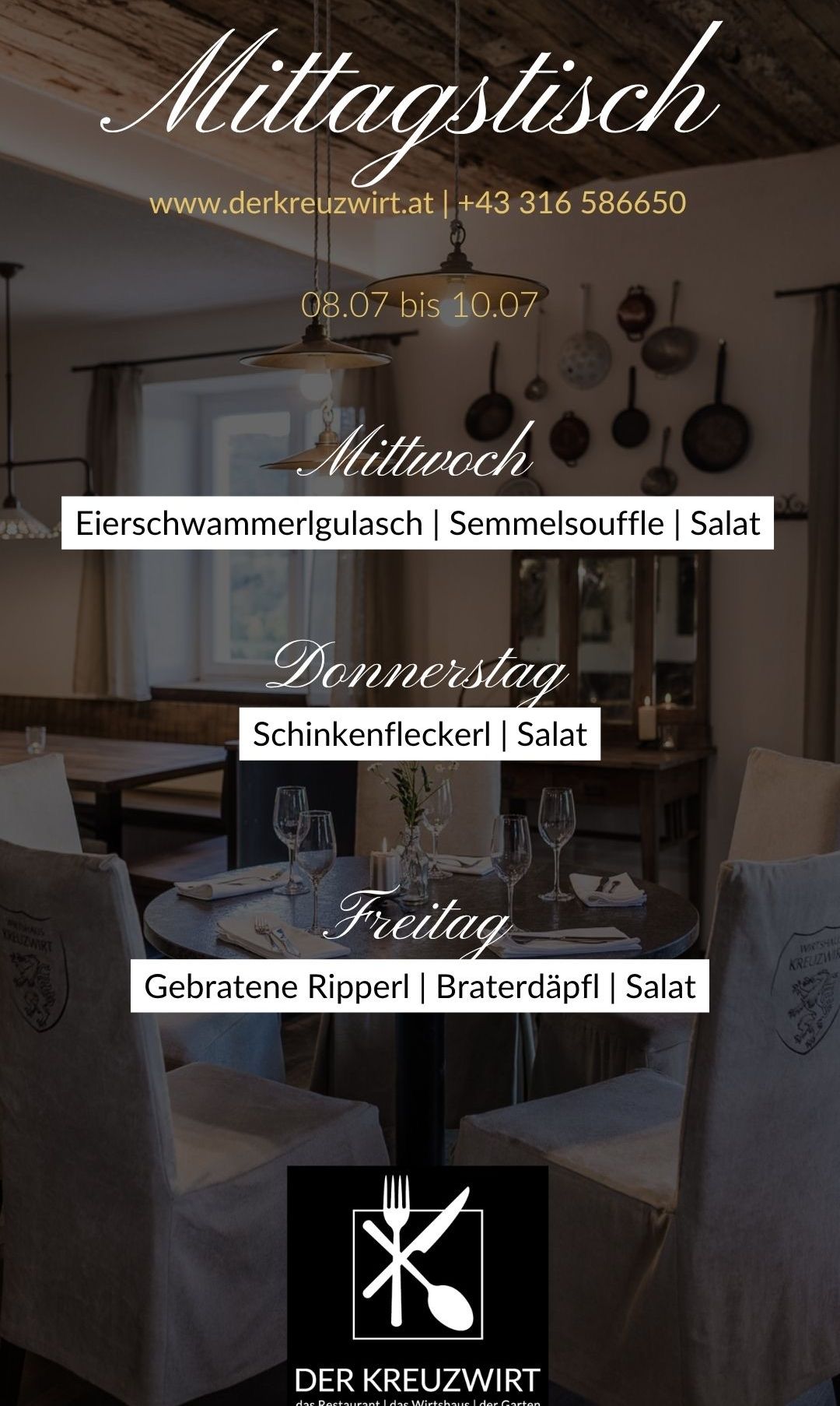 A dining table with wine glasses, a salad, and a menu for the week. The menu includes Eierschwammerlgulasch, Semmelsoufle, and salad on Wednesday. On Thursday, it offers Schinkenfleckerl and salad. On Friday, it features Gebratene Ripperl, Braterdäpfl, and salad.