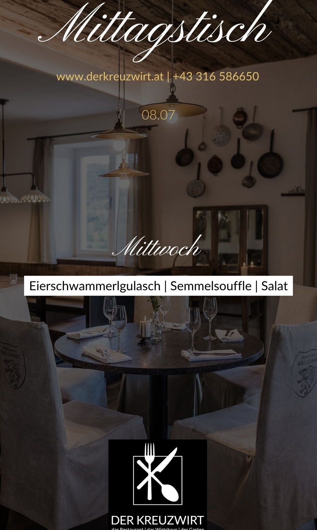 A restaurant table set for dinner with wine glasses and silverware. The menu includes Eierschwammerlgulasch, Semmelsouffle, and Salat. The room has a warm atmosphere with a large window.