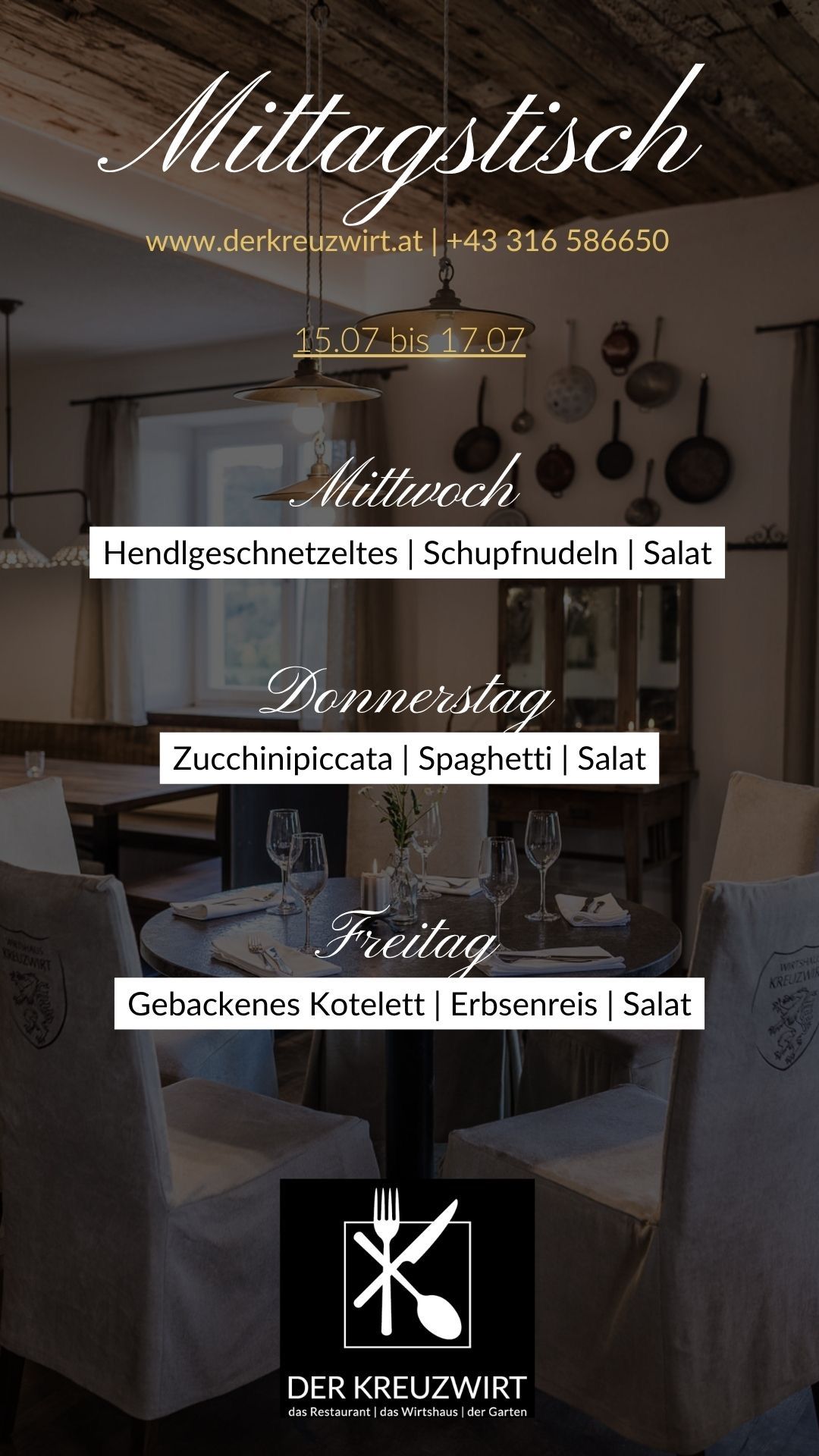 Ein Restaurantmenü für Mittwoch, Donnerstag und Freitag mit Gerichten wie Hähnchenschnitzel, Zucchinipiccata und gebackenem Schweinekotelett. Jedes Tagesmenü wird mit einem dekorativen Hintergrund angezeigt.