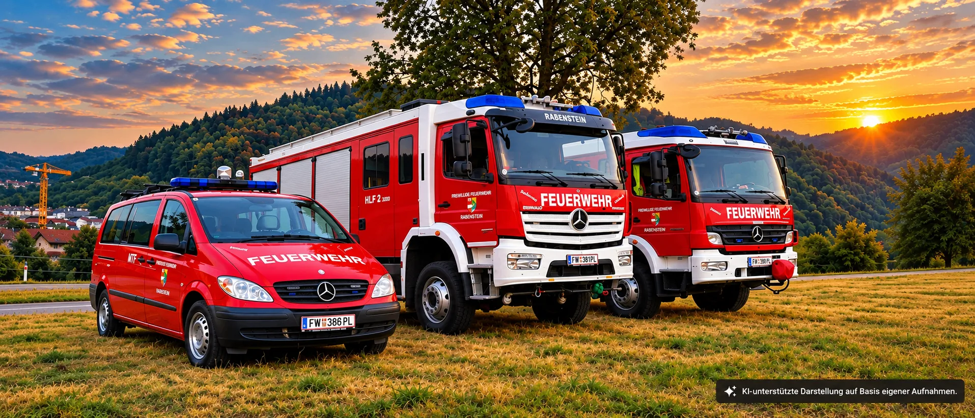 Drei rote und weiße Feuerwehrfahrzeuge sind auf einem Feld geparkt, mit einem Sonnenuntergang im Hintergrund. Das vordere Fahrzeug hat das Wort 'Feuerwehr' darauf geschrieben.