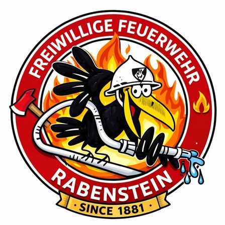 Logo der Freiwilligen Feuerwehr Rabenstein, zeigt einen gezeichneten Raben mit Helm, Feuerwehraxt und Wasserschlauch, mit Flammen im Hintergrund, aktiv seit 1881.