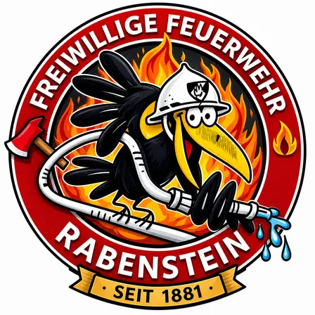 Das Logo der Freiwilligen Feuerwehr Rabenstein zeigt einen gezeichneten Feuerwehrmann in Form einer Krähe mit Helm und Axt, der Wasser auf ein Feuer sprüht. Der Text lautet 'Freiwillige Feuerwehr Rabenstein' und 'Seit 1881'.