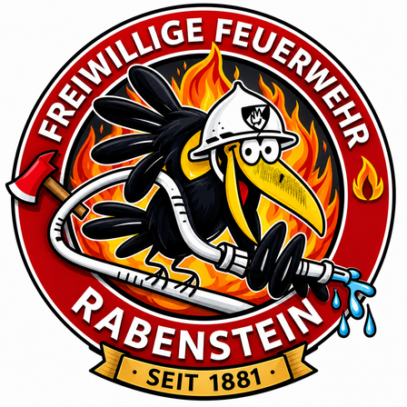 Das Logo der Freiwilligen Feuerwehr Rabenstein zeigt einen gezeichneten Feuerwehrmann in Form einer Krähe mit Helm und Axt, der Wasser auf ein Feuer sprüht. Der Text lautet 'Freiwillige Feuerwehr Rabenstein' und 'Seit 1881'.