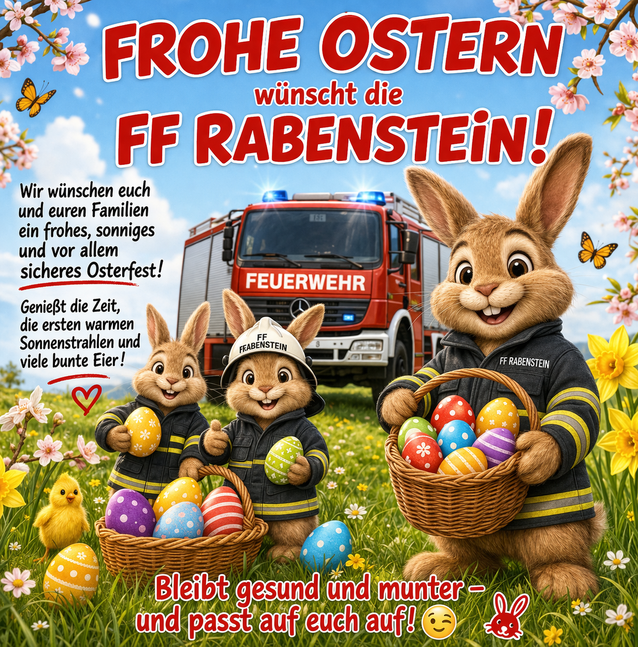 Drei Kaninchen in Feuerwehruniformen wünschen allen ein frohes Osterfest. Sie stehen in einem Blumenfeld, mit einem Feuerwehrwagen im Hintergrund. Sie halten Körbe voller bunter Eier.