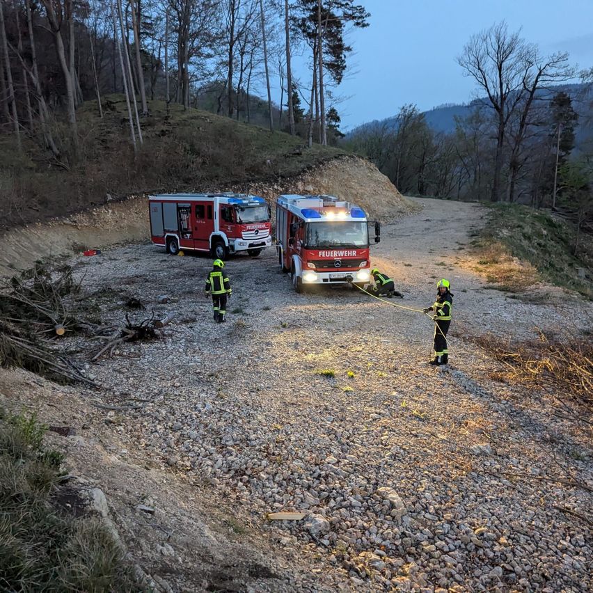 Drei Feuerwehrleute in Schutzkleidung stehen auf einem Schotterweg, in der Nähe von zwei Feuerwehrfahrzeugen, eines mit eingeschalteten Scheinwerfern.